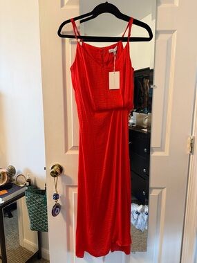 Lucy Paris Vibrant Red Strapless-Style Spaghetti Maxi Dress